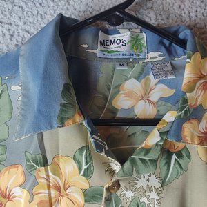 MEMO'S WORLD WIDE MEN'S HAWAIIAN BUTTON SHIRT BLUE GREEN MEDIUM POLYESTER